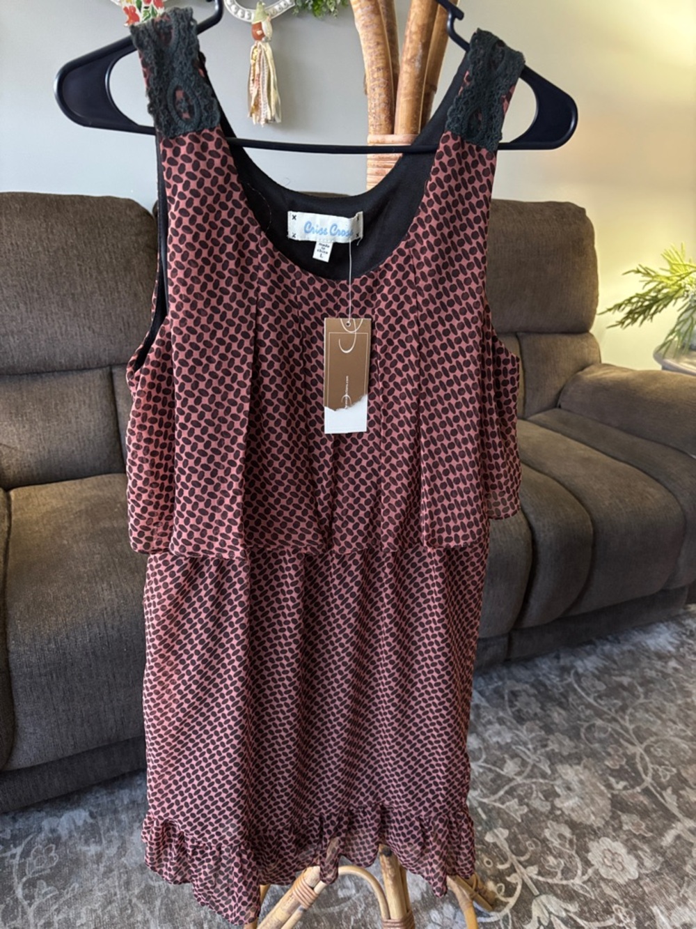 Criss Cross Rust-Patterned Sleeveless Mini Dress with Lace Shoulders